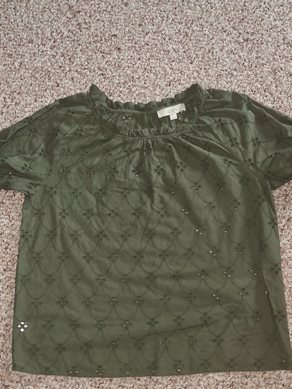 LOFT Olive Green Eyelet Lace Puff Sleeve Blouse Top XS
